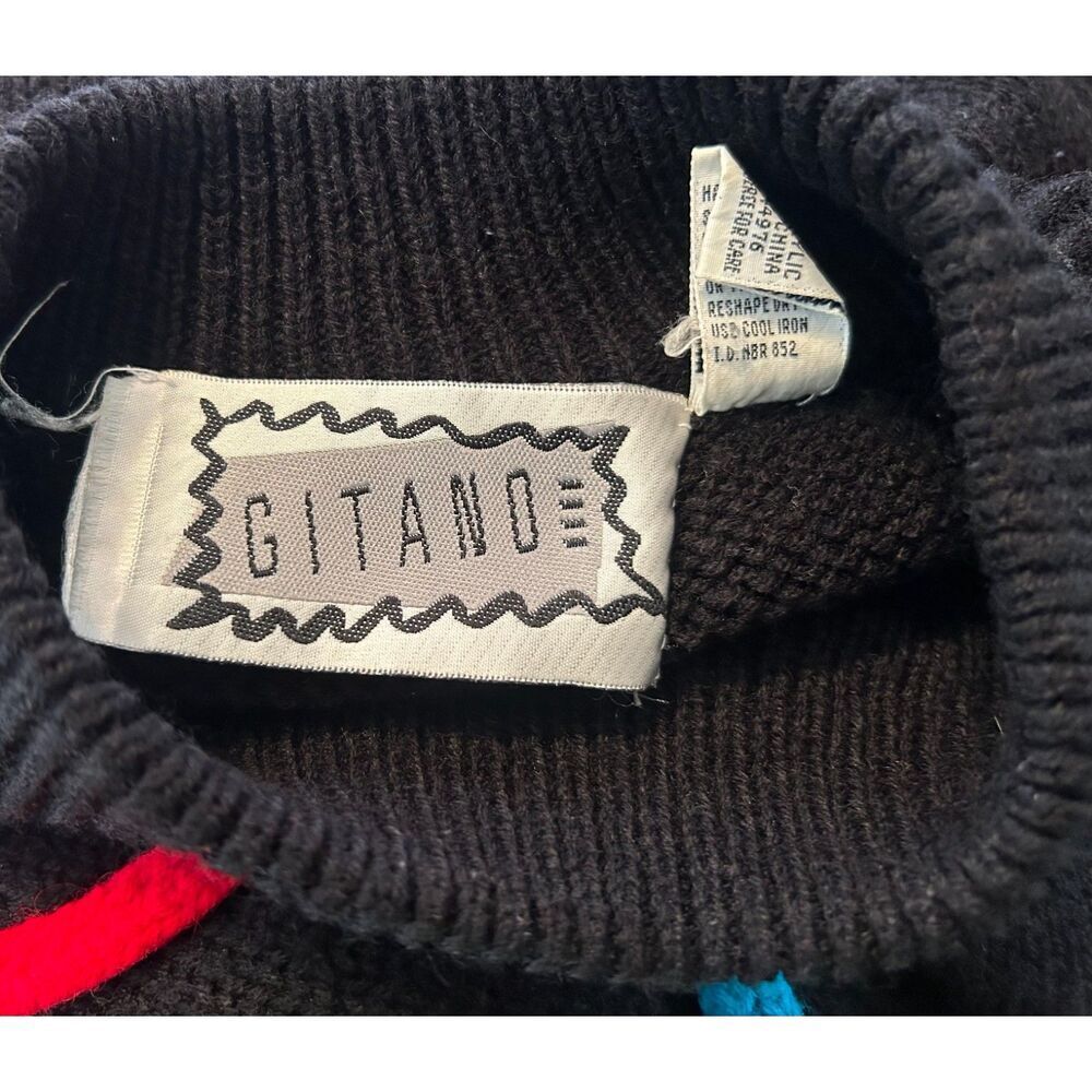 Vintage 80's Gitano 3D Knit Black Sleeve Sweater Luv Place Colorful Pullover L - Picture 4 of 5